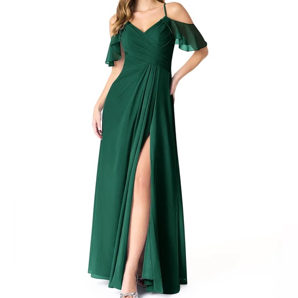 Azazie Dresses & Skirts - Azazie Dakota Emerald A-line V-neck pleated chiffon dress Cold Shoulder